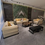 Light Beige Leather Sofa Set with Double-Layer Diamond Quilted Craftsmanship, Black Glossy Curved Natural Wood Veneer & Golden Stainless Steel Accents